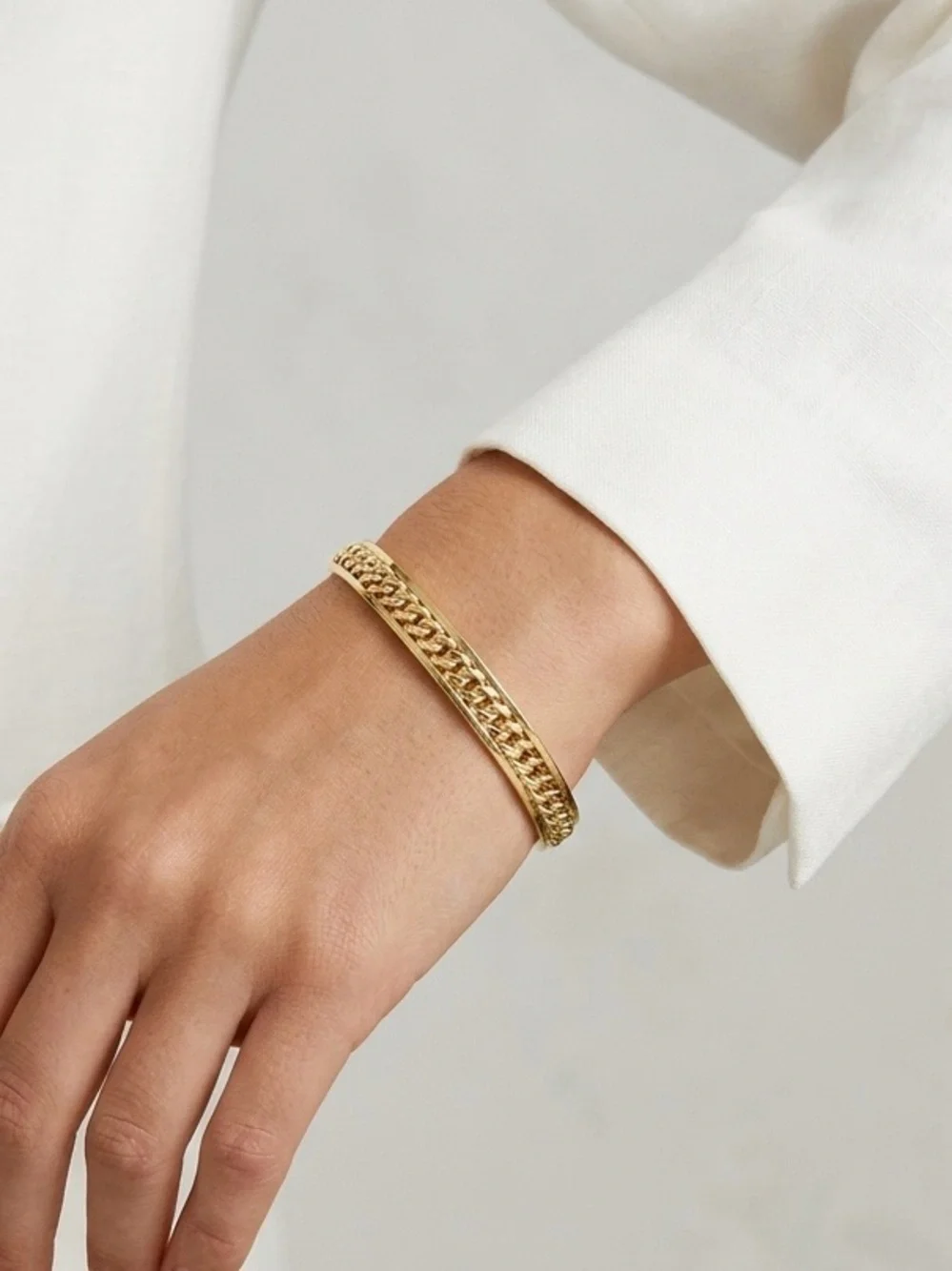 14K Gold Plated Cuff Bracelet with Cuban Link Detail | Minimalist Gold Bangle